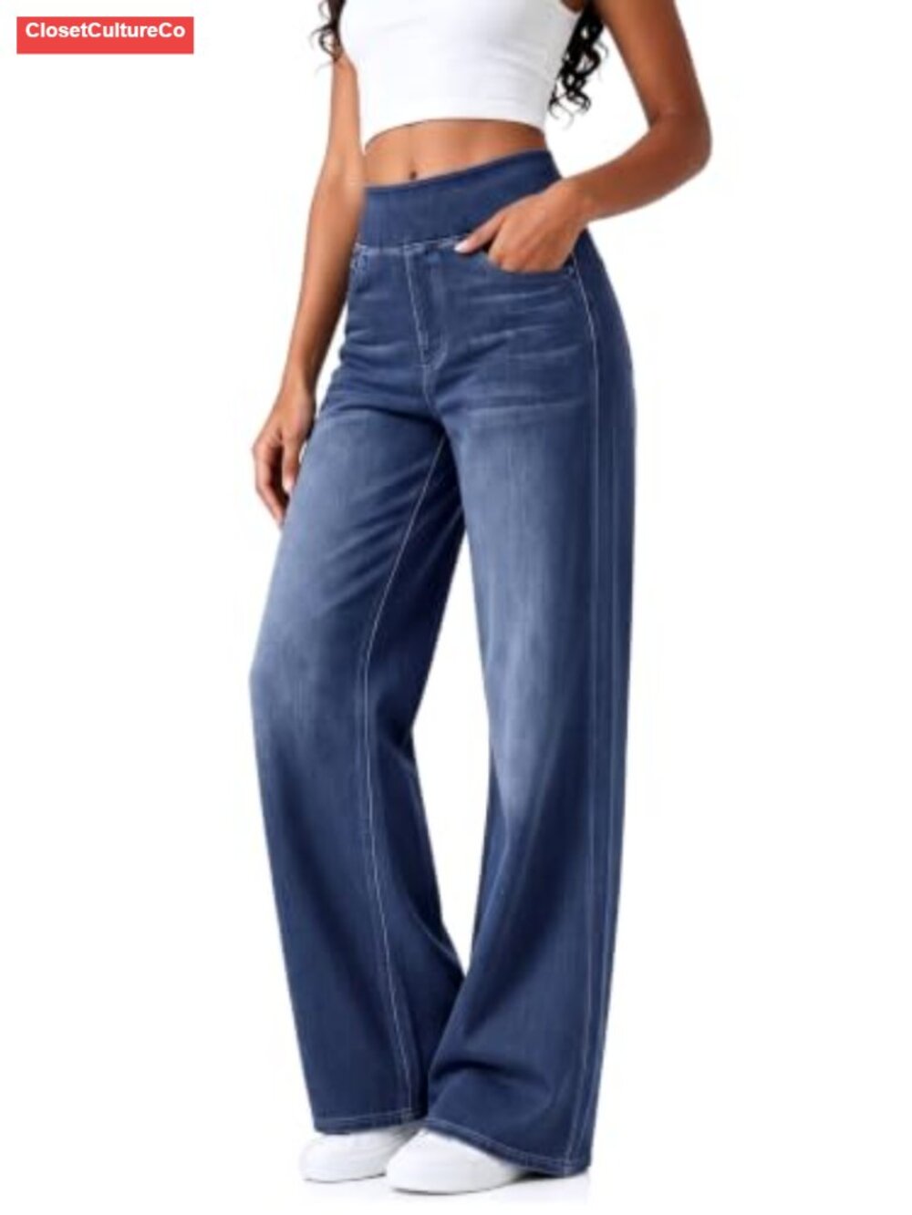Womens Baggy Wide Leg Jeans High Waisted Pull On Stretch Boyfriend Pants